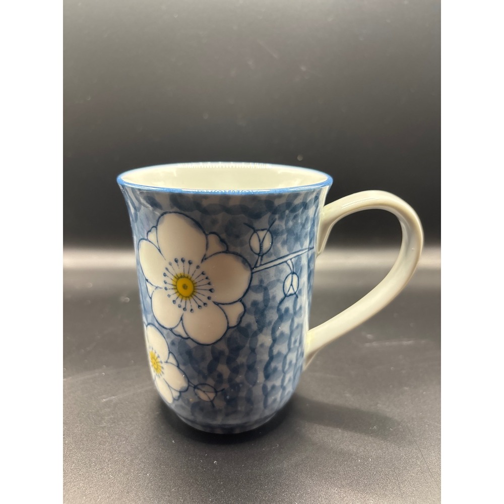 Japanese Blue and White Floral Ceramic Coffee Mug Cherry Blossom Plum Motif